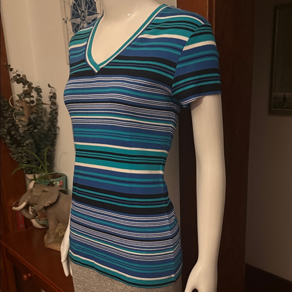 NWT northern reflections size small Striped V-Neck Women's Top - Blue and Black